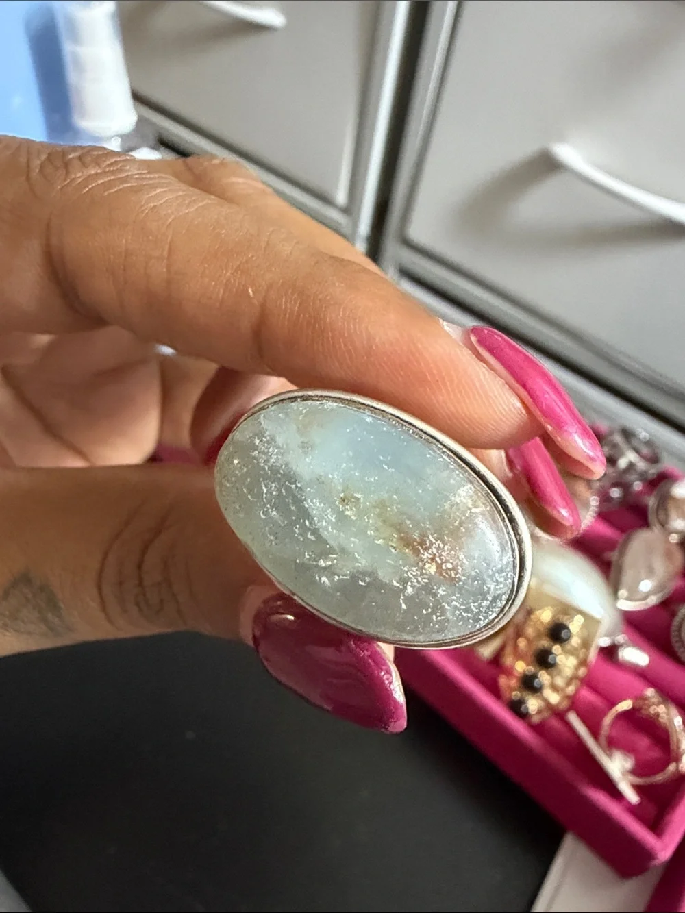 925 Silver-Oval Aquamarine Statement Ring - Pink Accent